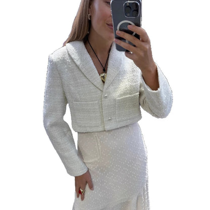 Women's elegant short jacket made of high-quality bouclé with shimmering button details NOVAE