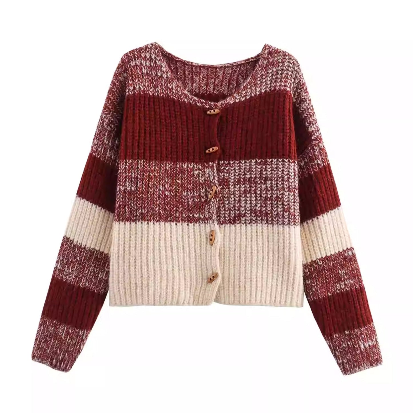 Women's cardigan with elastic rib design and wooden buttons NOVAE