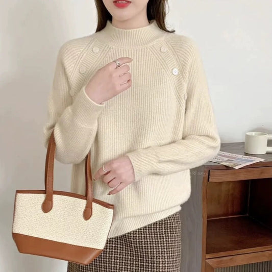 Women's chunky knit sweater with modern stand-up collar and button details NOVAE