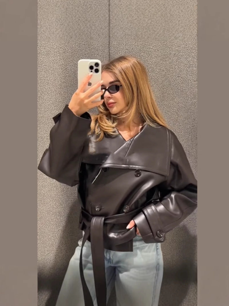 Women's trendy leather jacket with chic throw design NOVAE