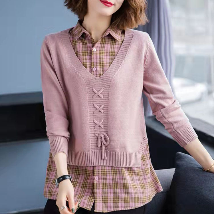 Women's knitted sweater with a sophisticated drawstring and V-neck NOVAE