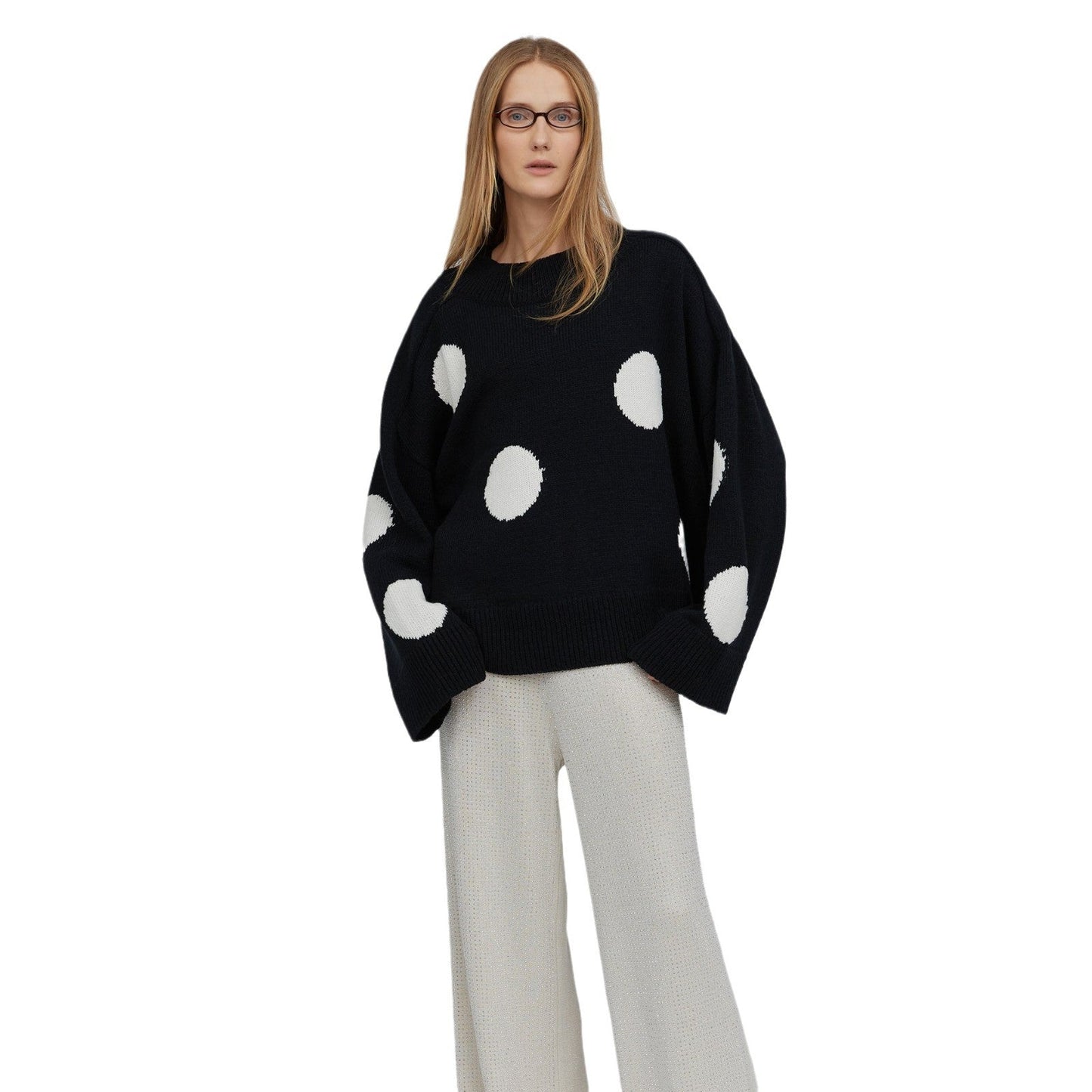 Women's knitted oversized sweater with striking polka dot pattern NOVAE