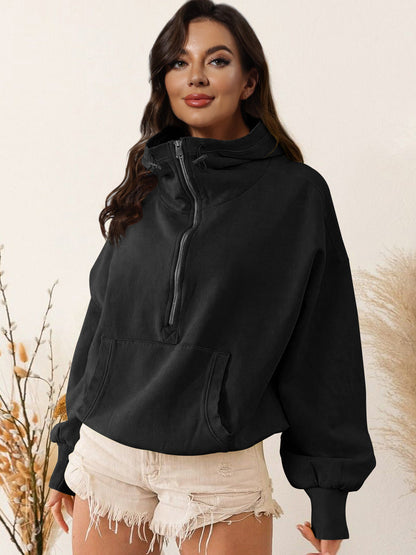 Women's sporty hoodie with half zipper and functional pockets NOVAE