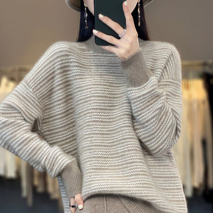 Women's knitted sweater with a modern striped pattern and comfortable thumb holes NOVAE