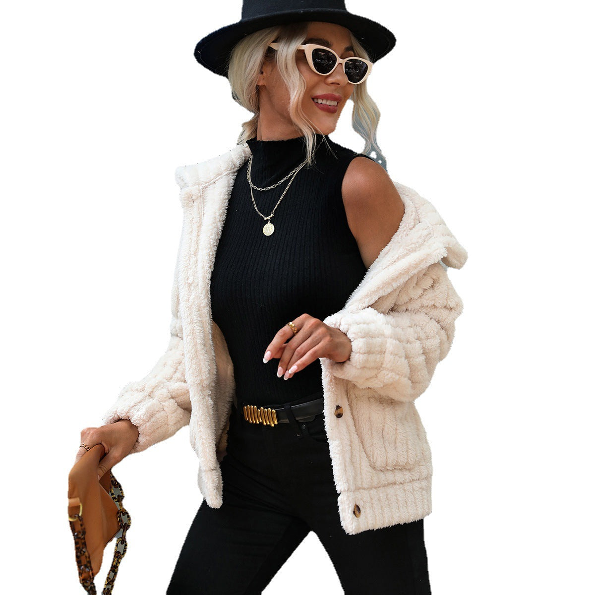 Women's plush jacket with modern quilted details and patch pockets NOVAE