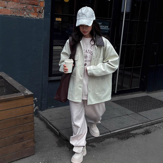 Women's casual oversized jacket with leather collar and practical pockets NOVAE