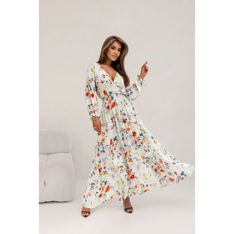 Women's maxi dress with deep V-neck and voluminous sleeves NOVAE