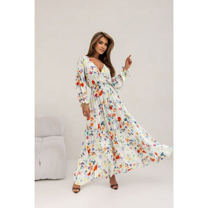 Women's maxi dress with deep V-neck and voluminous sleeves NOVAE