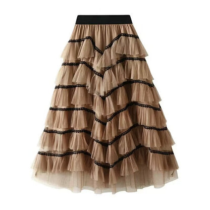 Women's fashionable tulle skirt with multi-layered ruffles and elegant lace accents NOVAE
