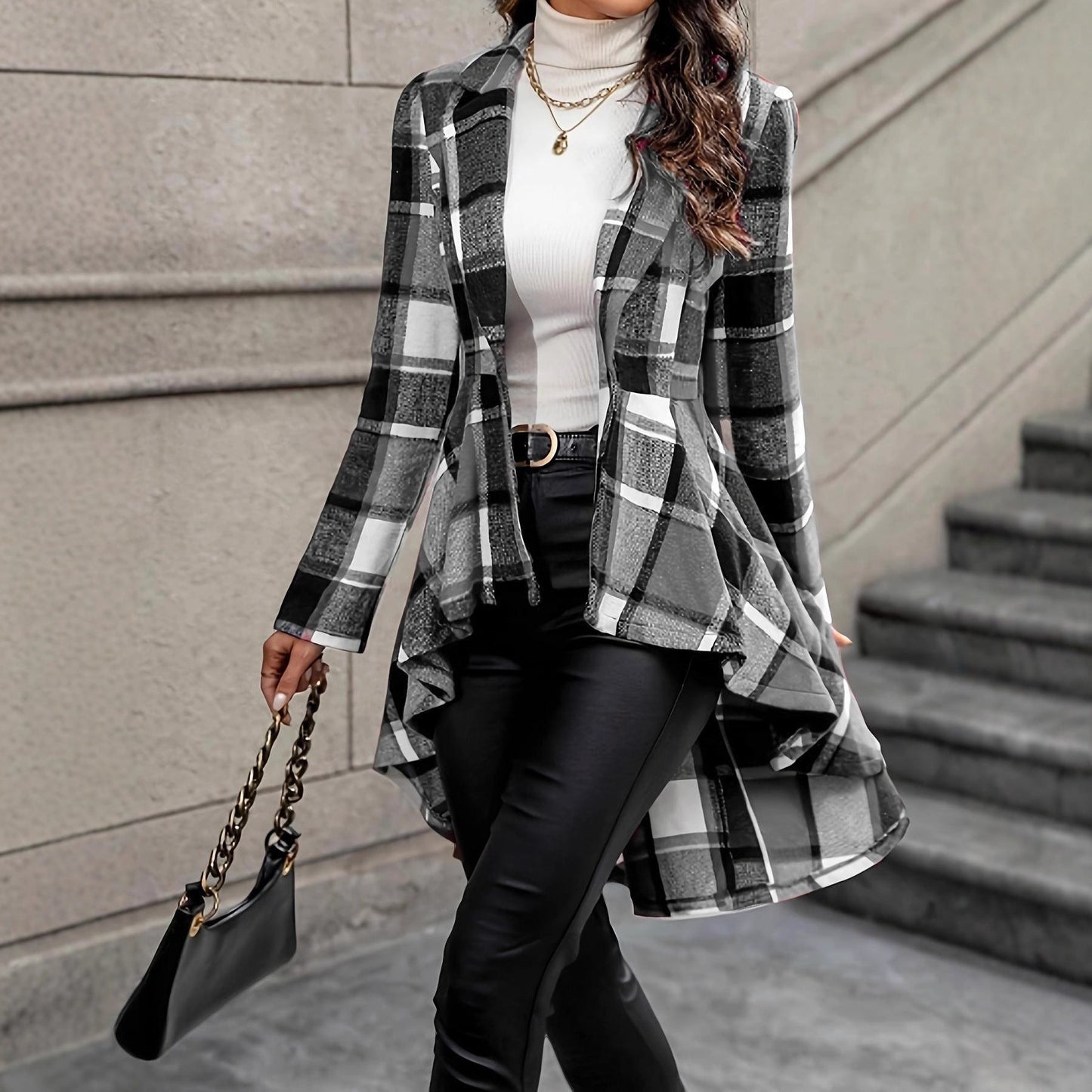 Women's elegant and flowing checked jacket with asymmetrical hem NOVAE