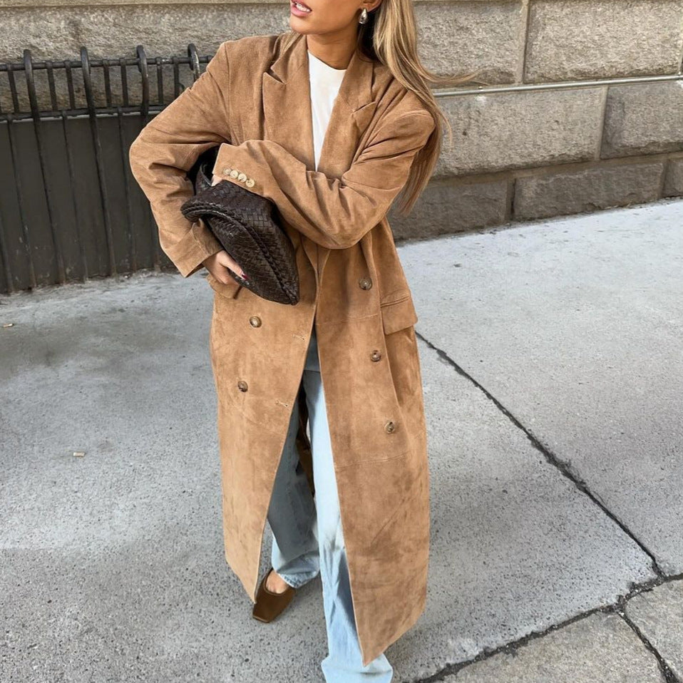 Women's elegant long coat with double button placket and practical pockets NOVAE