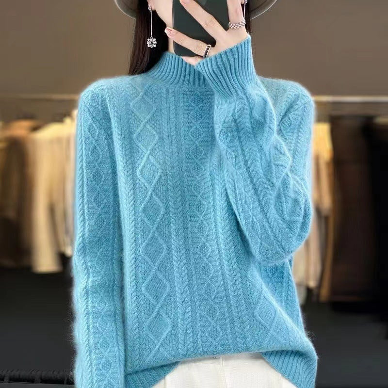 Women's High-Quality Knit Sweater with Stand-Up Collar and Cable Knit Design NOVAE