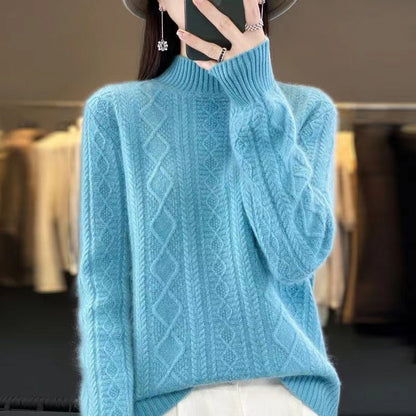 Women's High-Quality Knit Sweater with Stand-Up Collar and Cable Knit Design NOVAE