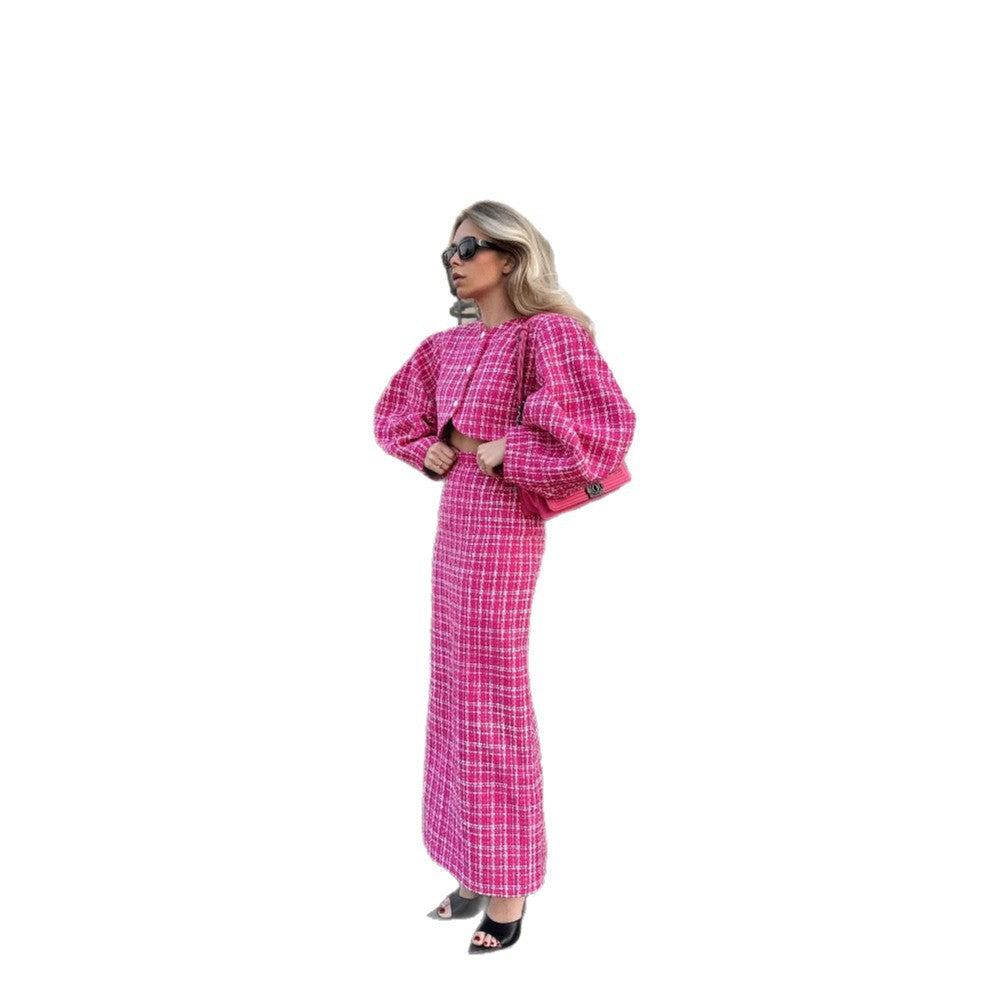 Women's maxi dress with innovative check design and flounce sleeves NOVAE