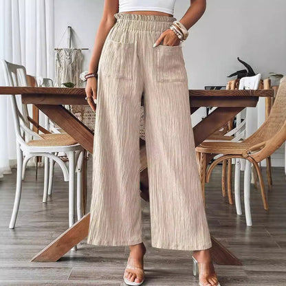 Women's wide-leg linen trousers with elasticated waistband and practical pockets NOVAE