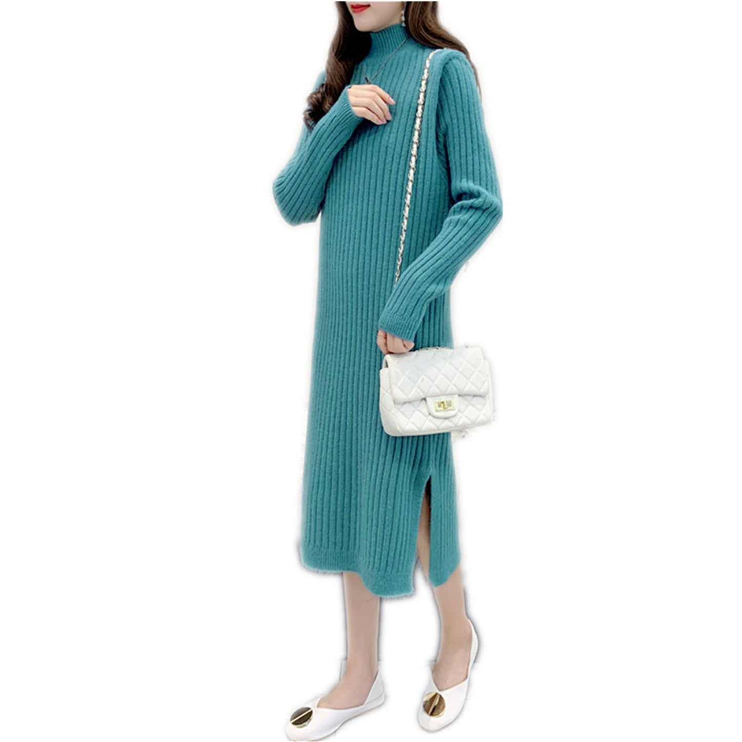 Women's knitted maxi dress with high collar and fine rib texture NOVAE