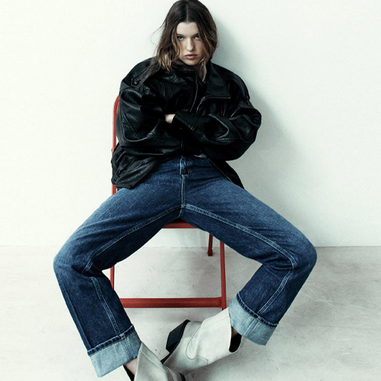 Women's elegant and voluminous leather jacket with stand-up collar NOVAE