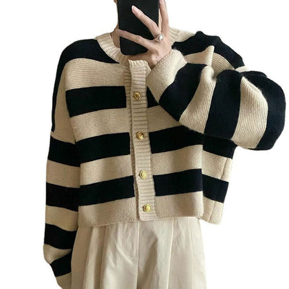 Women's cardigan with decorative striped pattern and gold buttons NOVAE