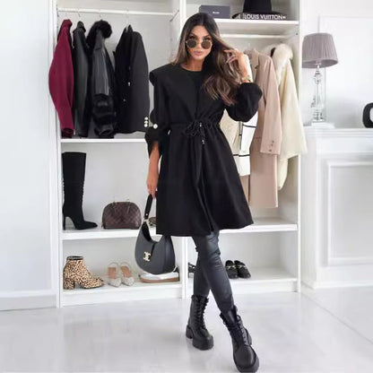 Women's hip-length fabric coat with hood and waist belt NOVAE