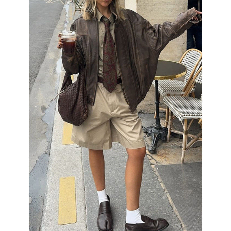 Women's Casual Vintage-Style Leather Jacket with Elastic Waistband NOVAE