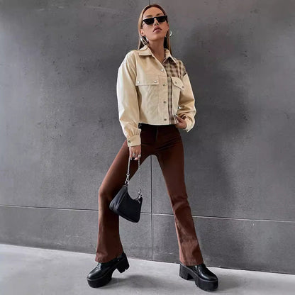 Women's crop utility jacket with checked sleeves and classic snap buttons NOVAE