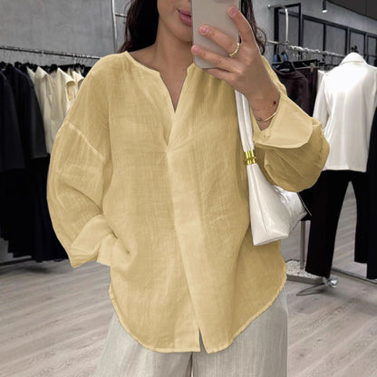 Women's loose linen top with V-neck and relaxed cut NOVAE