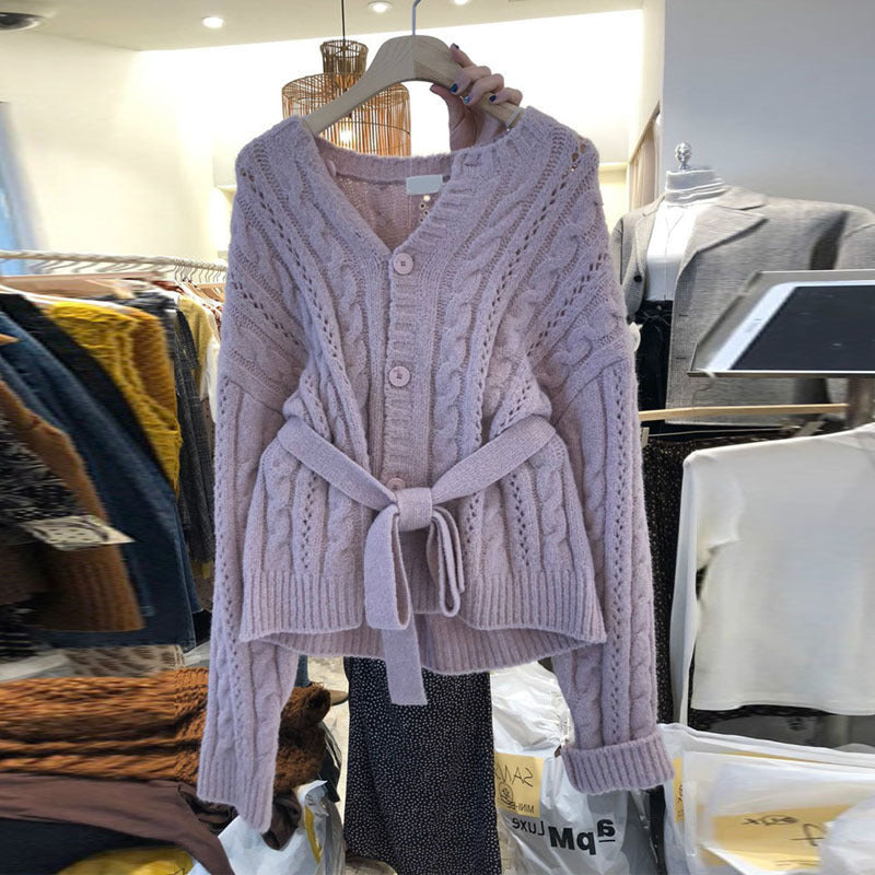 Women's cardigan with waist belt and cable knit pattern NOVAE