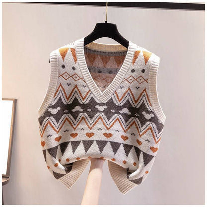 Women's knitted vest with V-neck and geometric pattern NOVAE
