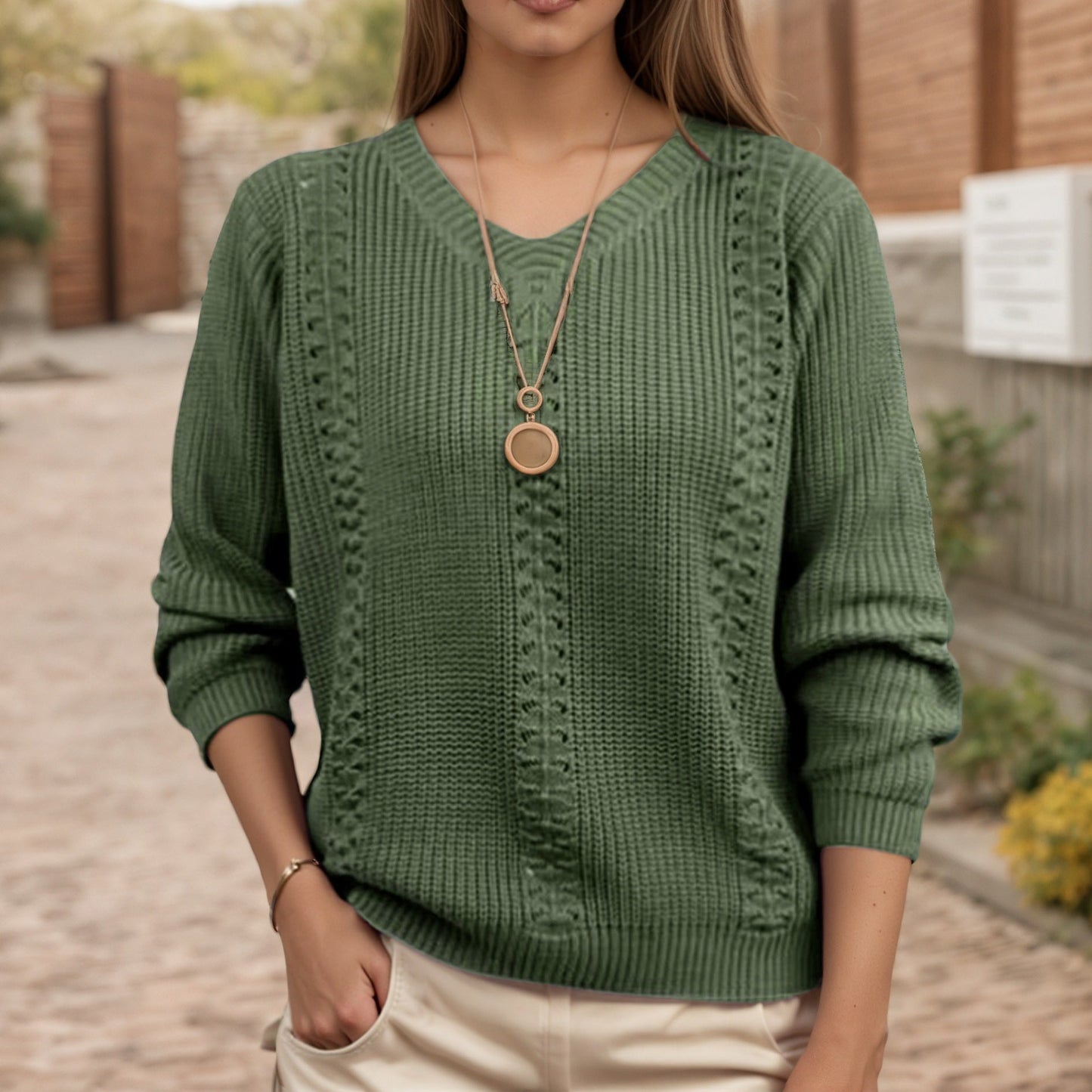 Women's V-neck knit sweater with textured finish NOVAE