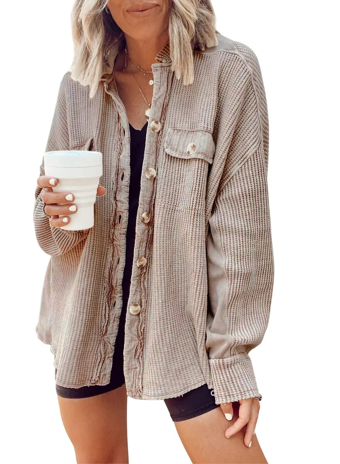 Women's Oversized Waffle Textured Shirt Jacket NOVAE