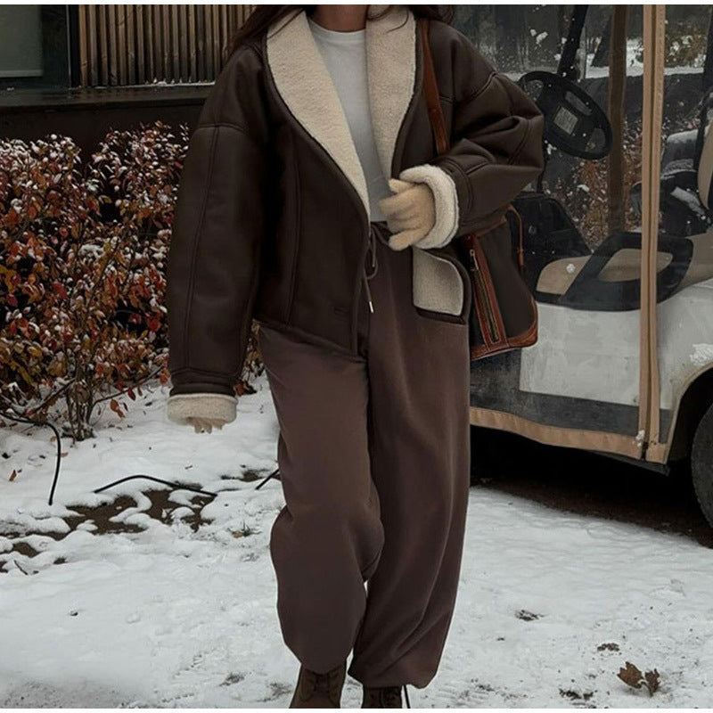 Women's fashionable faux leather jacket with soft lined collar NOVAE