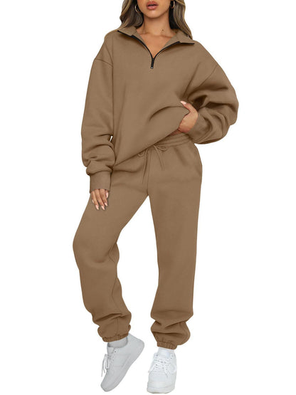 Women's Cozy Leisure Suit with Stand-Up Collar and Zipper NOVAE
