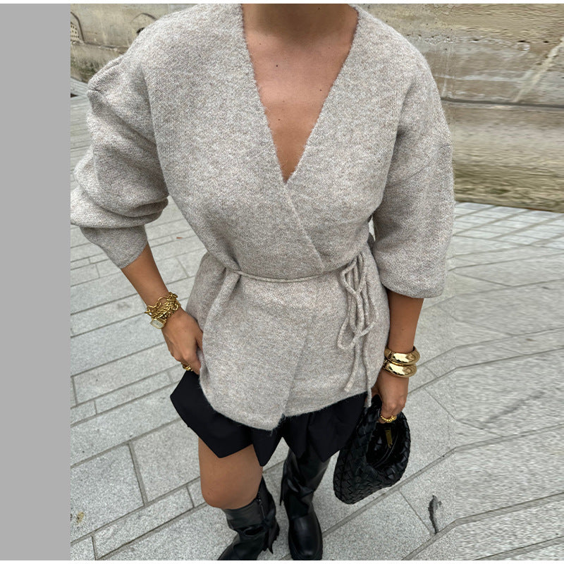 Women's elegant wrap knit coat with belt NOVAE