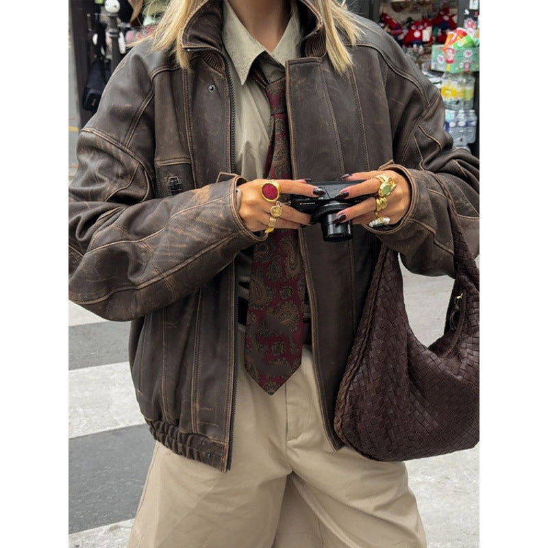 Women's Casual Vintage-Style Leather Jacket with Elastic Waistband NOVAE