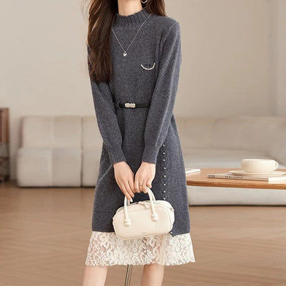 Women's knit dress with decorative button details and lace NOVAE
