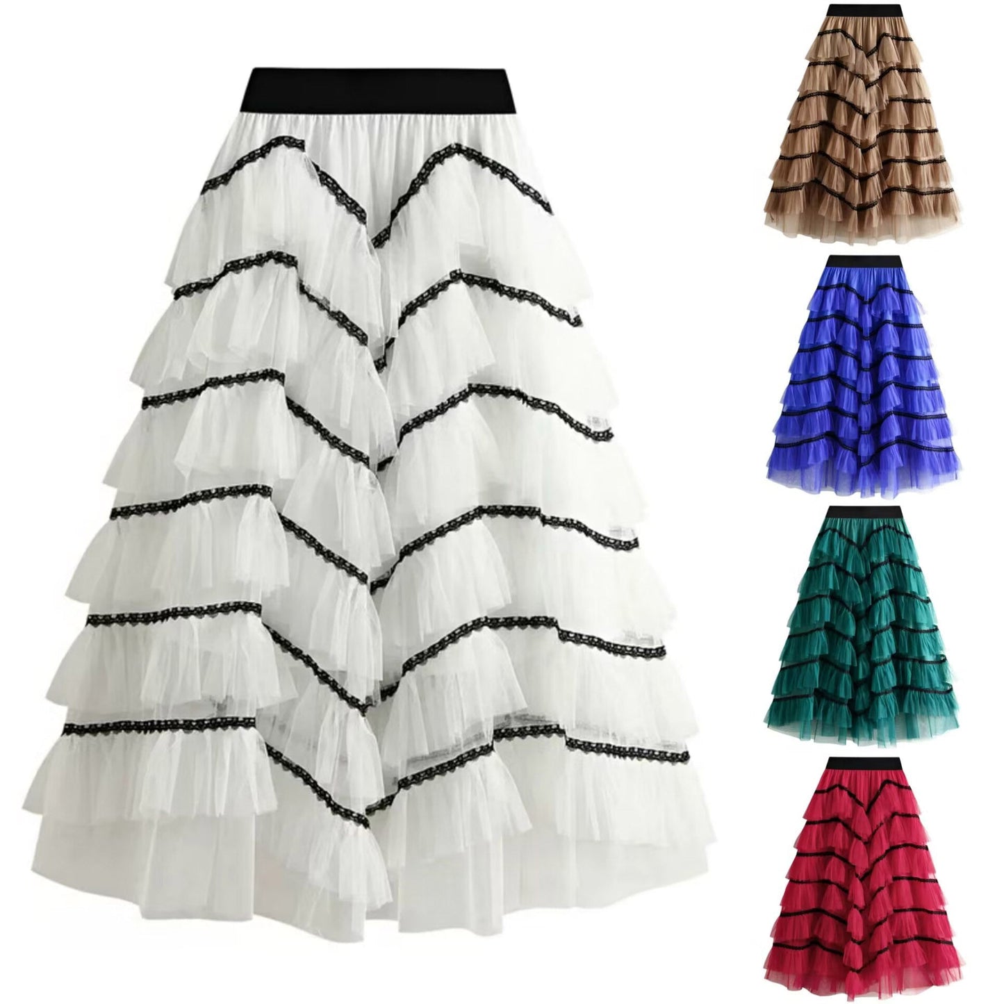 Women's fashionable tulle skirt with multi-layered ruffles and elegant lace accents NOVAE