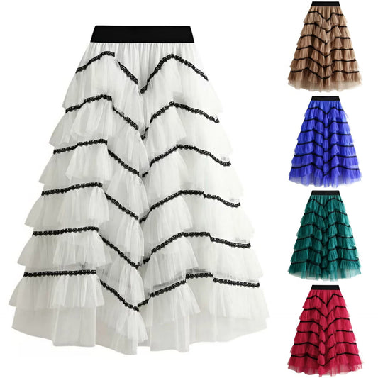 Women's fashionable tulle skirt with multi-layered ruffles and elegant lace accents NOVAE