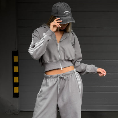 Women's sporty cropped hoodie with practical zippers and contrasting side stripes NOVAE