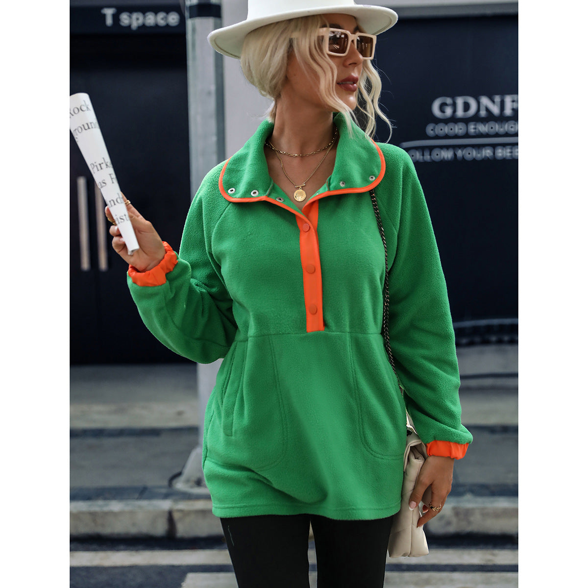 Women's fleece pullover with high collar and button closure NOVAE