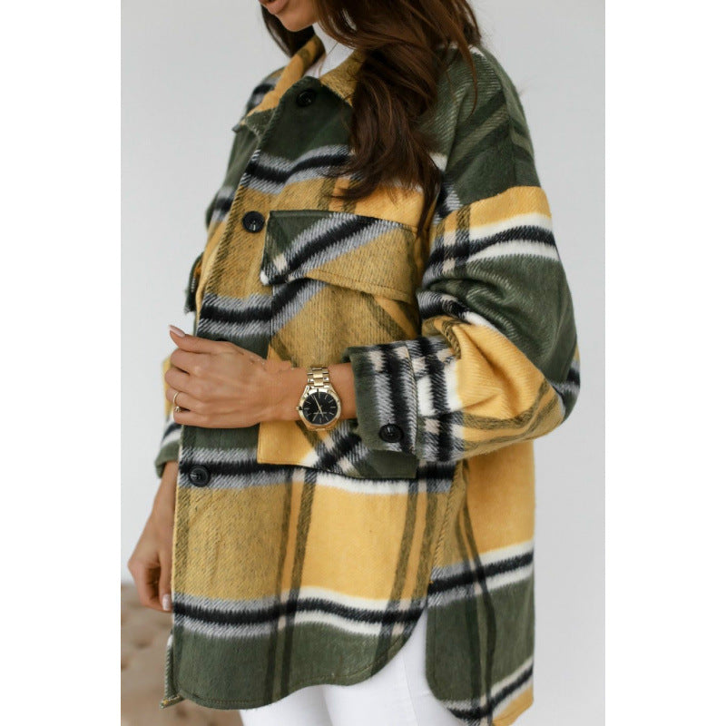 Women's Oversized Flannel Jacket with Check Pattern and Pockets NOVAE