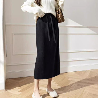 Women's midi skirt with waist lacing and ribbed design NOVAE