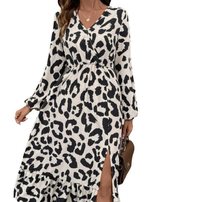 Women's maxi dress with asymmetrical cut and trendy leopard print NOVAE