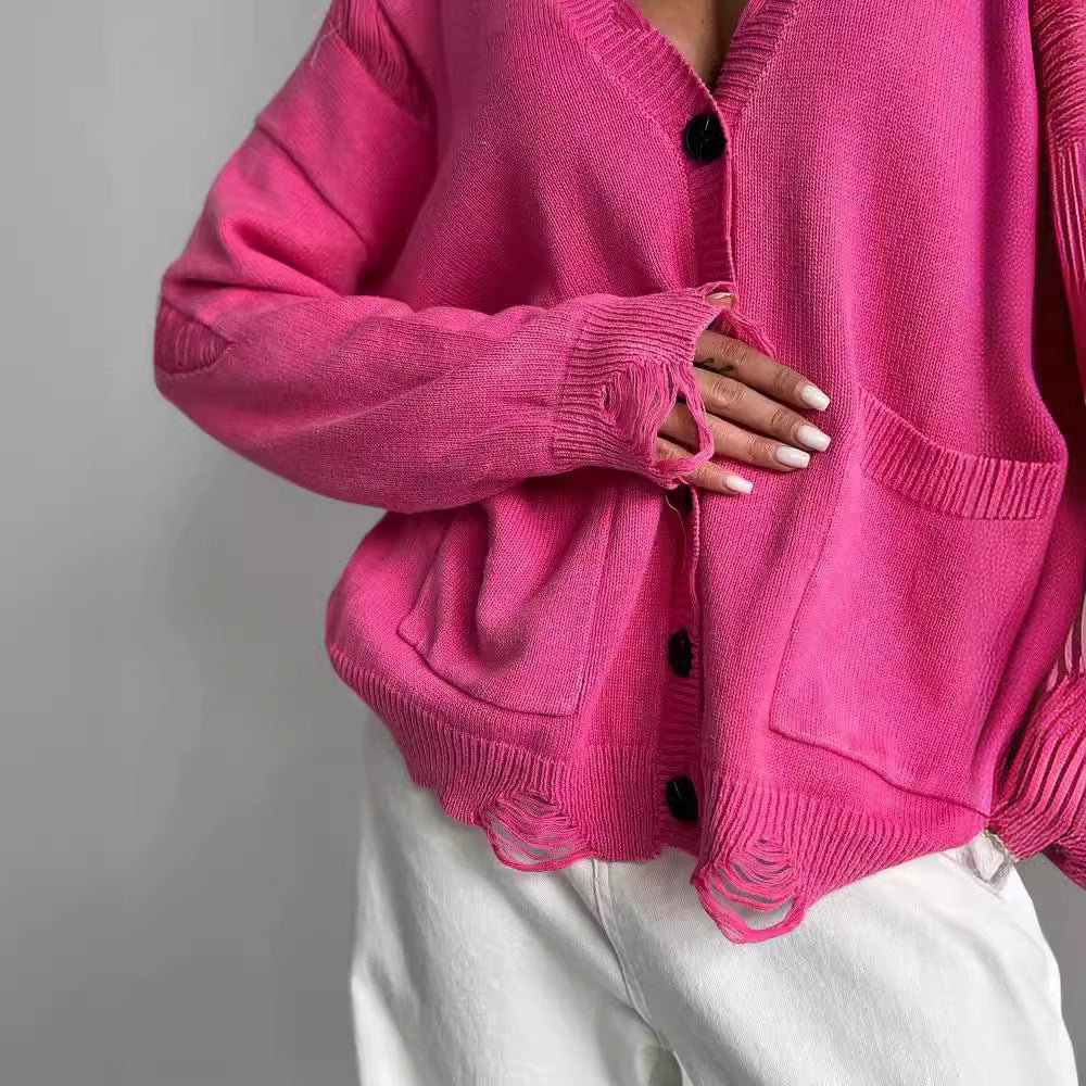 Women's casual oversized sweater with V-neck and pockets NOVAE