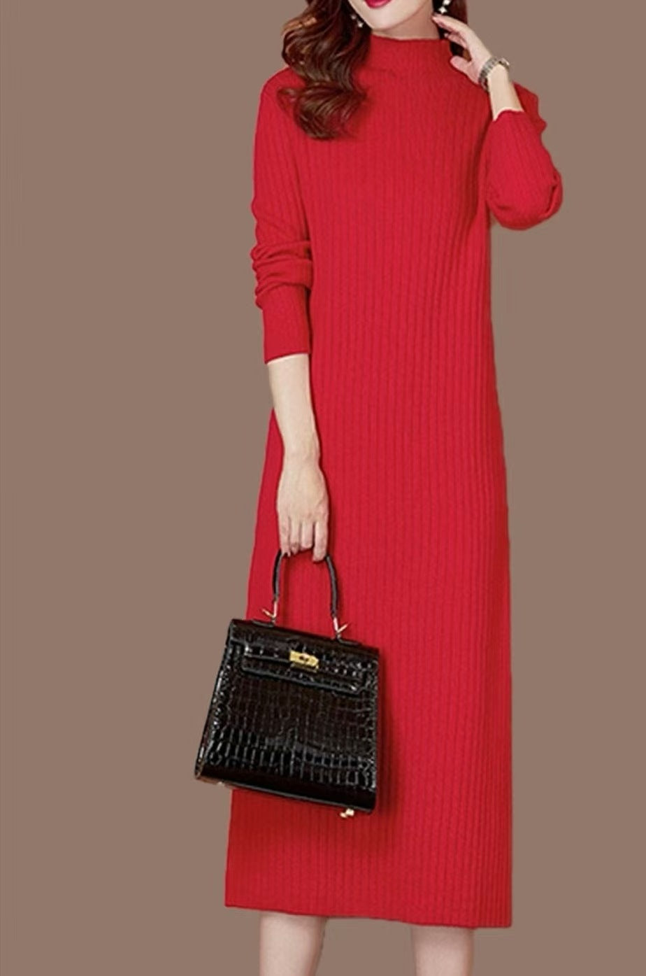 Women's knit dress with fine ribbing and high collar NOVAE