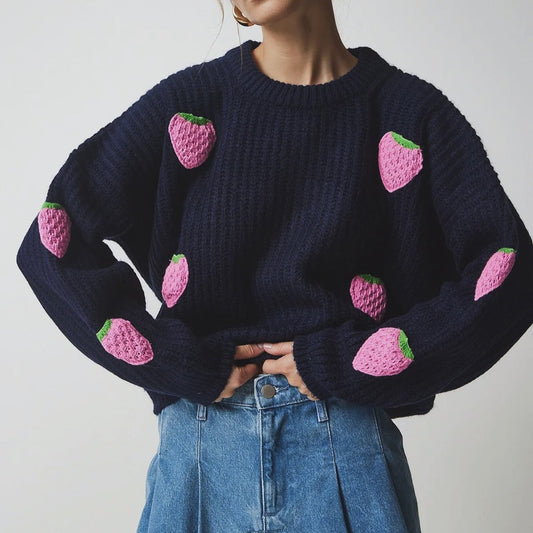 Women's knit sweater with unique strawberry design and comfortable cut NOVAE