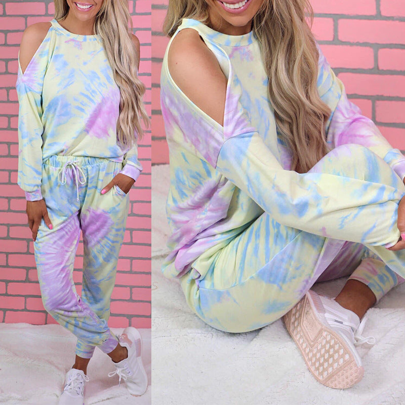 Women's casual loungewear set with a relaxed cut-out design and colorful tie-dye pattern NOVAE