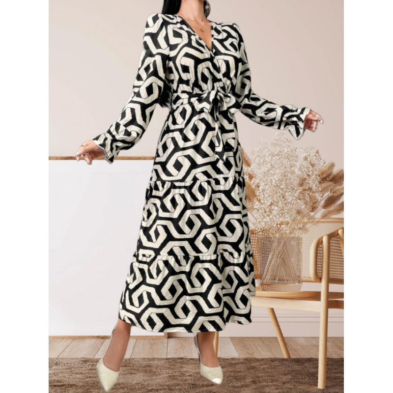 Women's maxi dress with modern geometric print and adjustable waist design NOVAE