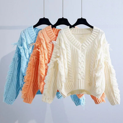 Women's Stylish Knit Sweater with Fringe and Cable Pattern NOVAE