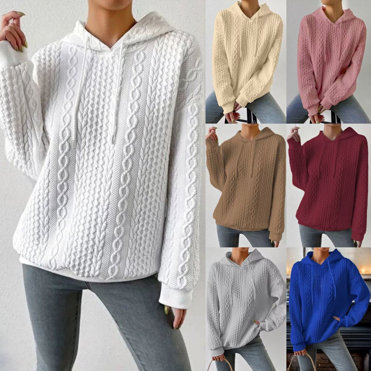 Women's High-Quality Knitted Sweater with Hood and Decorative Cable Pattern NOVAE