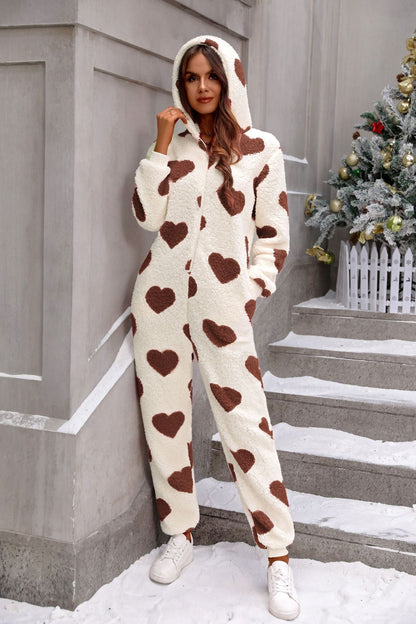 Women's hooded molton jumpsuit with heart pattern NOVAE